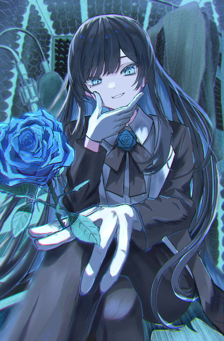 1girl, absurdres, acoustic_foam, ado_(singer), black_bow, black_bowtie, black_hair, black_suit