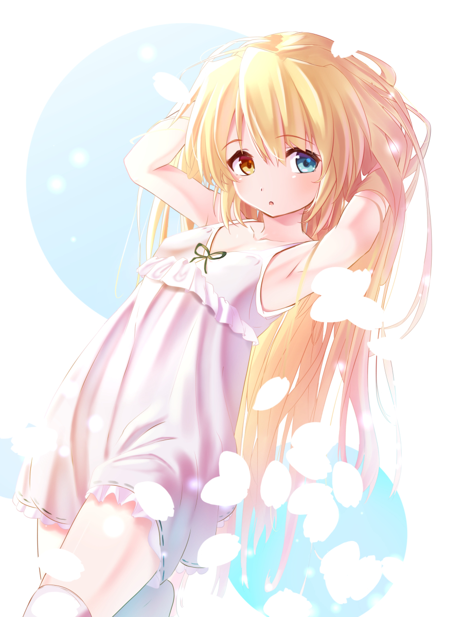1girl, adjusting_hair, armpits, arms_up, blonde_hair, blue_eyes, blush, breasts