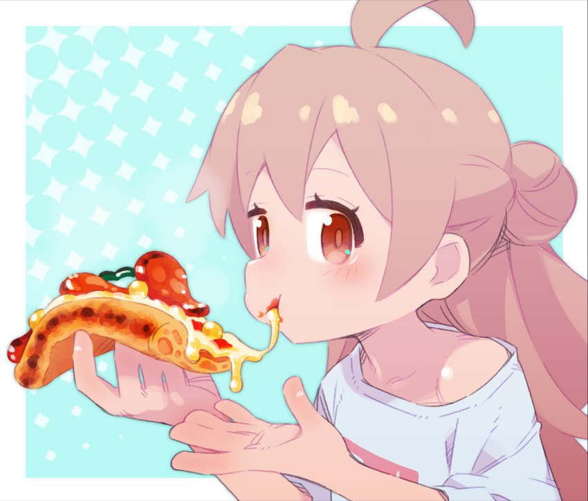 1girl, ahoge, bare_arms, blue_background, brown_eyes, cheese_trail, commentary, eating