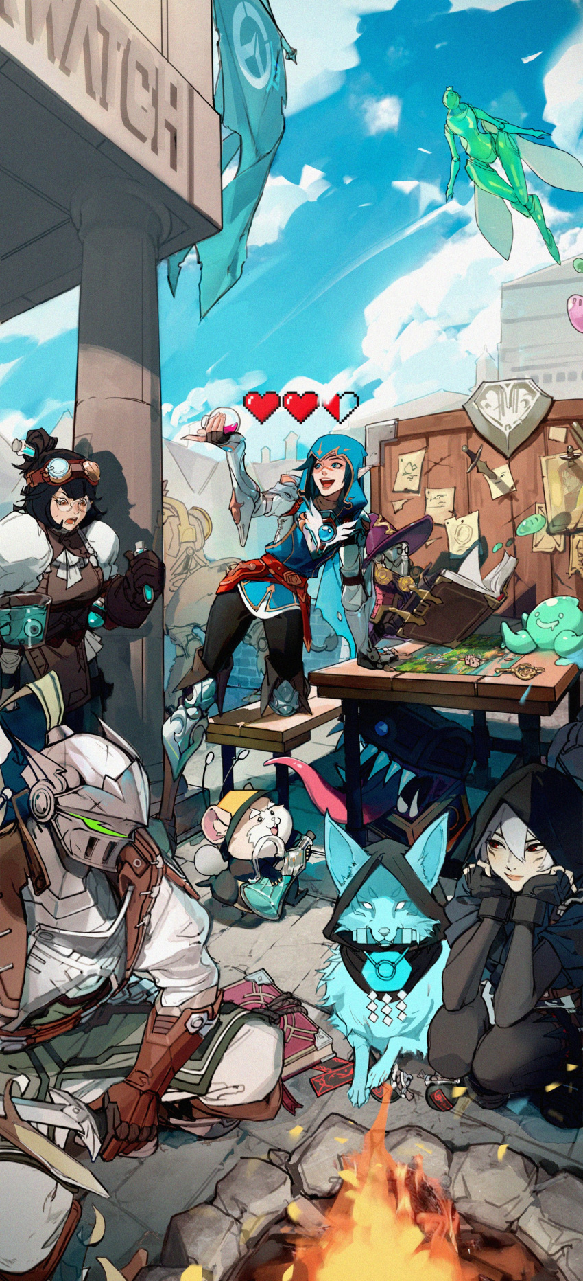 3boys, 5girls, absurdres, animal, arm_support, armor, black_gloves, black_hair