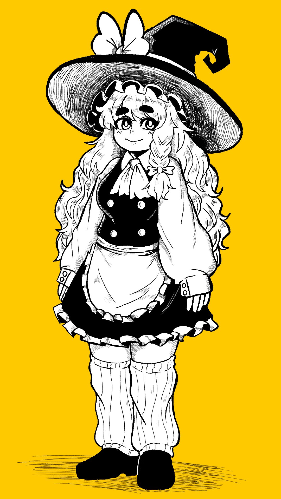 1girl, apron, arms_at_sides, ascot, breasts, bright_pupils, full_body, hat