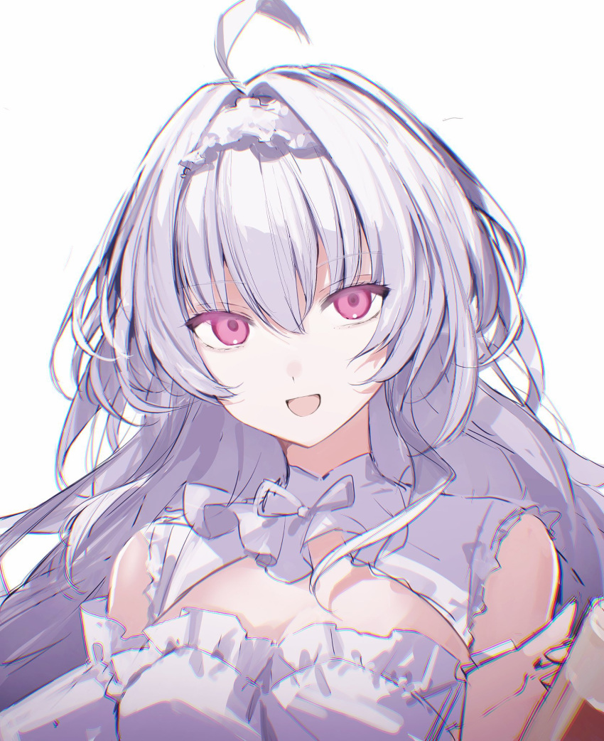 1girl, ahoge, bare_shoulders, breasts, cleavage_cutout, clothing_cutout, commentary_request, detached_sleeves