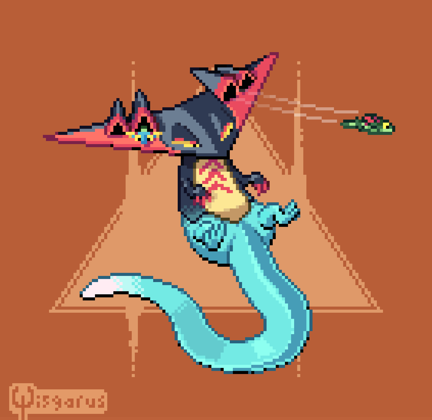 alternate_color, animal_focus, artist_name, black_eyes, colored_sclera, commentary, commission, dragapult, dragon, dragon_darts_(pokemon), dreepy, english_commentary, full_body, half-closed_eyes, highres, looking_to_the_side, motion_lines, no_humans, orange_background, pixel_art, pokemon, pokemon_(creature), pokemon_move, shiny_pokemon, signature, solo_focus, triangle, wisgarus, yellow_sclera