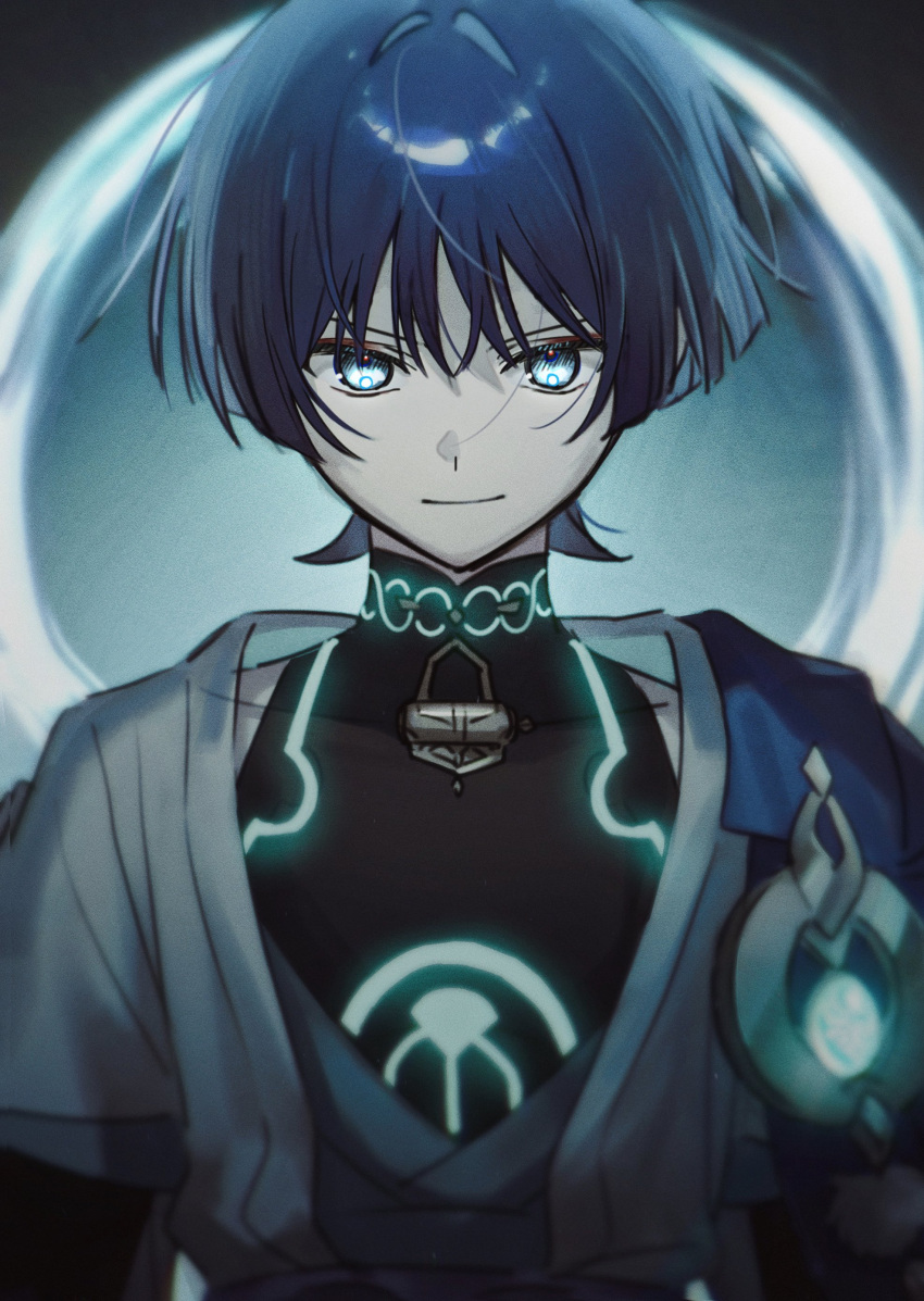 1boy, absurdres, belt, black_shirt, blue_cape, blue_eyes, blue_gemstone, blue_hair