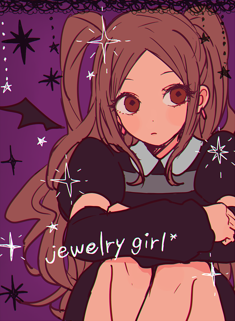 1girl, brown_eyes, brown_hair, closed_mouth, crossed_arms, diamond_earrings, drawn_wings, earrings