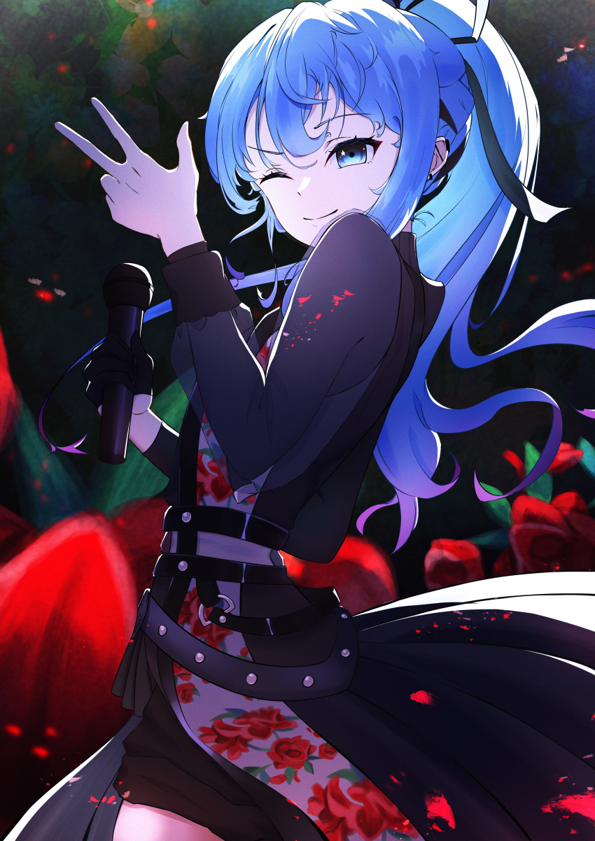 1girl, absurdres, belt, black_dress, black_gloves, black_shorts, blue_eyes, blue_hair, cowboy_shot, dress, earrings, floral_print, flower, gloves, hair_ribbon, hand_up, highres, holding, holding_microphone, hololive, hoshimachi_suisei, hoshimachi_suisei_(7th_costume), jewelry, long_hair, long_sleeves, microphone, one_eye_closed, petals, ponytail, red_flower, ribbon, riteiku_(user_tarc8275), short_shorts, shorts, sidelocks, single_glove, smile, solo, standing, star_(symbol), star_in_eye, symbol_in_eye, virtual_youtuber, w
