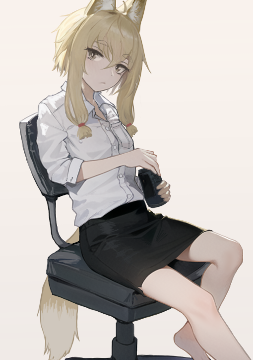 1girl, animal_ear_fluff, animal_ears, barefoot, black_skirt, blonde_hair, can, chair