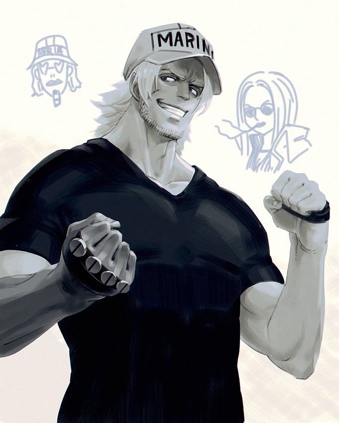1girl, 2boys, baseball_cap, black_shirt, clenched_hand, english_text, facial_hair, fullbody_(one_piece)