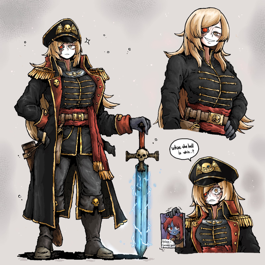 1girl, 2girls, alien, anger_vein, anya's_heh_face_(meme), arm_behind_back, astra_militarum, blonde_hair