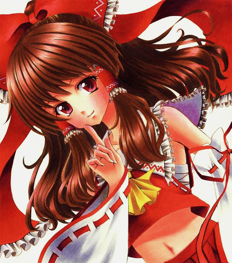 brown_hair, colored_pencil_(medium), detached_sleeves, dutch_angle, hair_ribbon, hakurei_reimu, maico, red_eyes, ribbon, solo, touhou