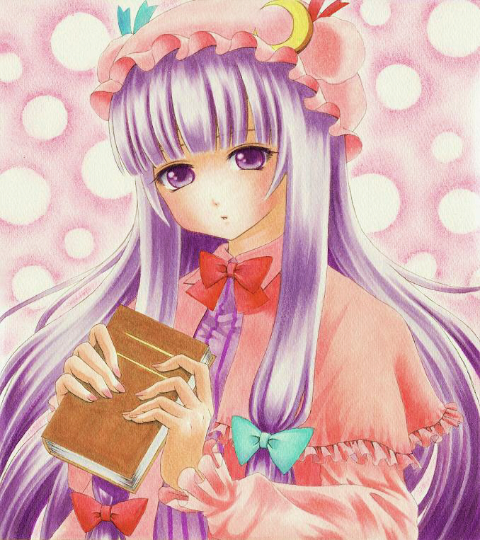 book, bow, capelet, colored_pencil_(medium), frills, hat, holding, holding_book