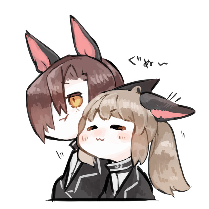 1boy, 1girl, :3, :t, animal_ears, black_jacket, brown_hair, cheek-to-cheek