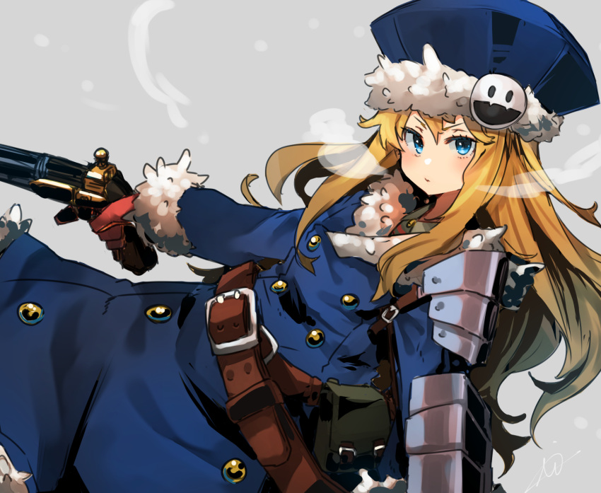 1girl, armor, blonde_hair, blue_coat, blue_eyes, blue_headwear, coat, fur-trimmed_coat