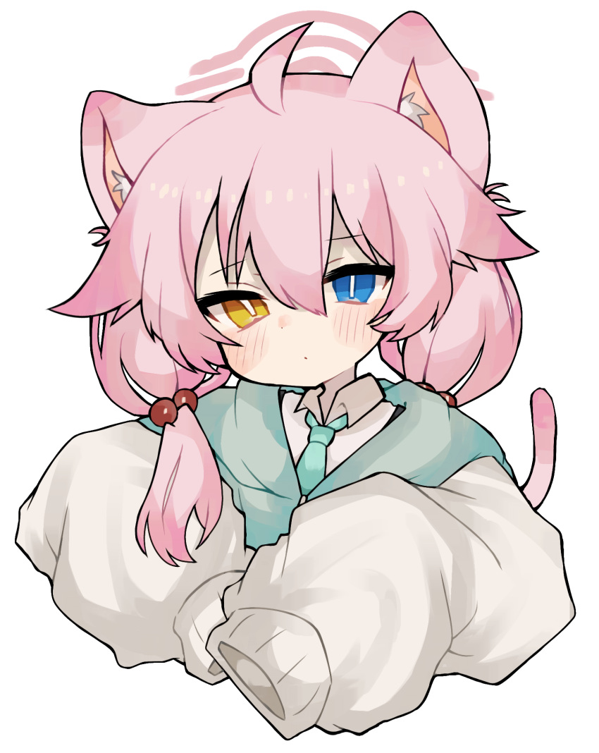 1girl, ahoge, animal_ears, blue_archive, blue_eyes, blue_necktie, blush, cat_ears