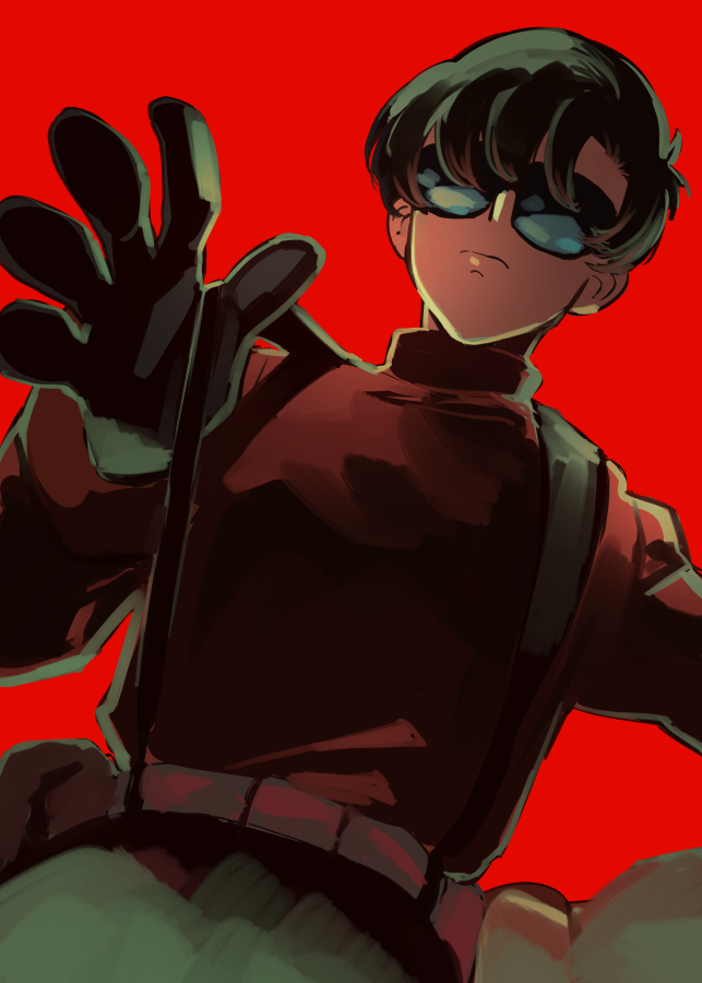1boy, belt, black_hair, closed_mouth, gloves, male_focus, metropolis, rock_(character)