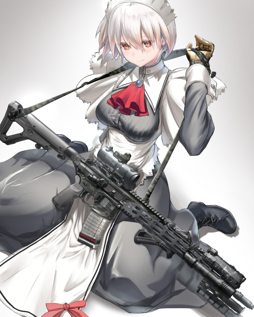 1girl, 300_blackout, apron, assault_rifle, bayonet, breasts, commission, dress