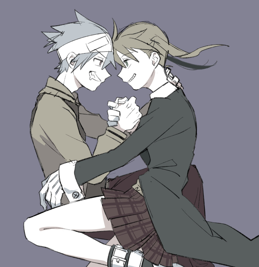 1boy, 1girl, 4lily, brown_hair, gloves, highres, long_hair, long_sleeves, maka_albarn, plaid, plaid_skirt, school_uniform, short_hair, simple_background, skirt, smile, soul_eater, soul_evans, twintails, white_gloves, white_hair