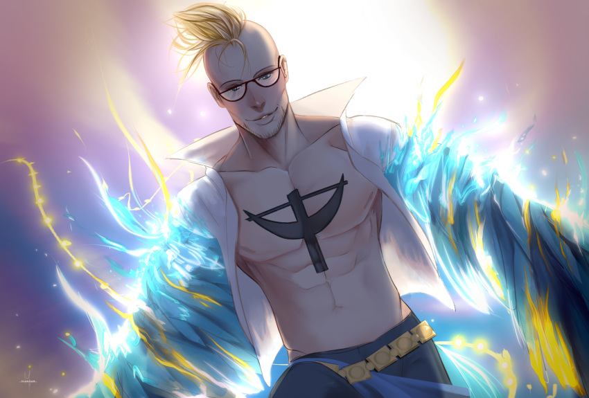 1boy, anchor_tattoo, blonde_hair, blue_fire, blue_wings, facial_hair, fiery_wings, fire