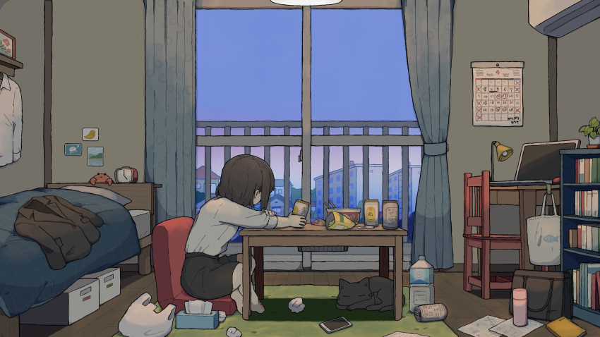 156m, 1girl, air_conditioner, alarm_clock, bag, bag_of_chips, barefoot, bed, beer_can, black_cat, black_skirt, book, bookshelf, bottle, box, brown_hair, calendar_(object), can, cat, ceiling_light, cellphone, chair, clock, clothes, computer, curtains, highres, indoors, instant_ramen, lamp, laptop, loaded_interior, long_sleeves, looking_outside, messy, messy_room, original, paper, phone, pillow, plant, potted_plant, shirt, shirt_tucked_in, short_hair, sitting, skirt, smartphone, snack, solo, table, tissue_box, trash_bag, twilight, water_bottle, white_shirt, wide_shot, window, wooden_floor