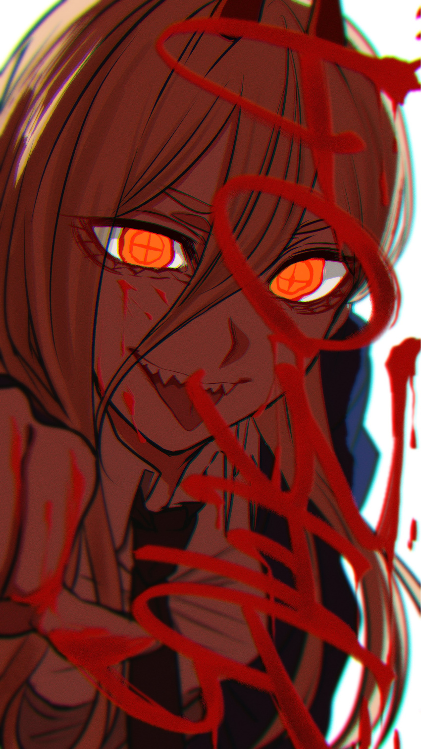 1girl, absurdres, black_necktie, blood, blood_on_face, blood_on_hands, blood_writing, blue_jacket