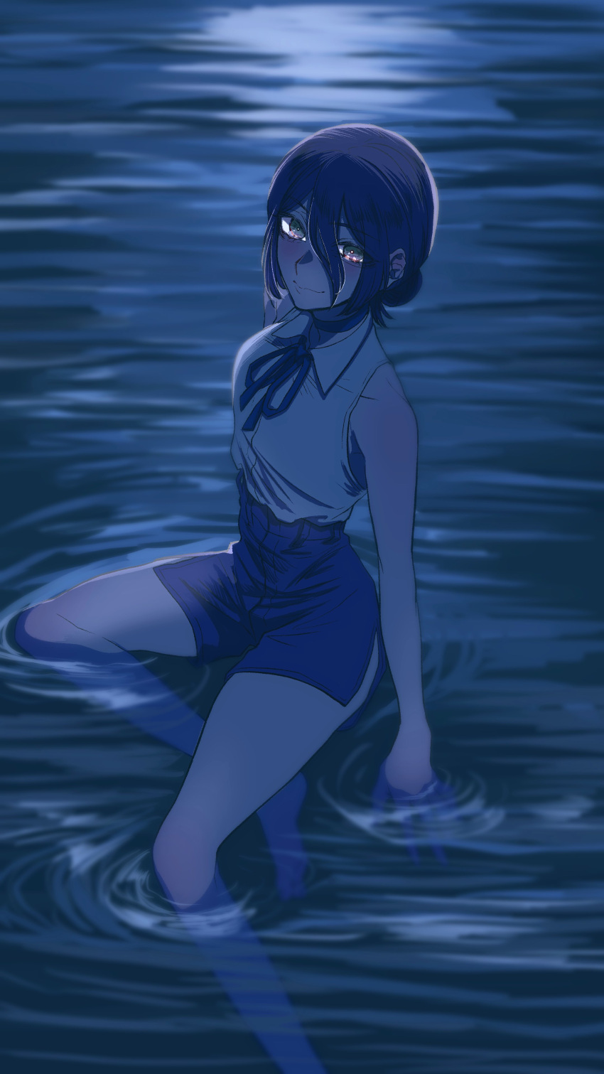 1girl, absurdres, blue_theme, chainsaw_man, choker, hair_between_eyes, hair_bun, haru_rice