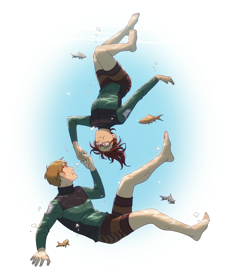 1boy, 1girl, air_bubble, bike_shorts, breasts, brown_eyes, brown_hair, bubble