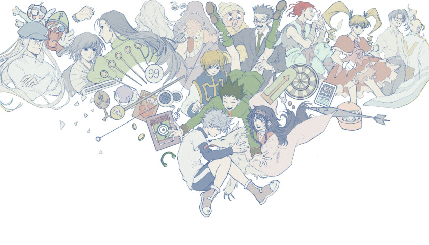 4girls, 6+boys, :d, affectionate, alluka_zoldyck, androgynous, birthday, biscuit_krueger, character_request, closed_eyes, creature, cropped_torso, crossed_legs, dartboard, facing_away, fish, gon_freecss, happy, highres, hisoka_morow, hunter_x_hunter, ikalgo, illumi_zoldyck, isaac_netero, kalluto_zoldyck, killua_zoldyck, kite_(hunter_x_hunter), koseieso, kurapika, leorio_paladiknight, license_plate, long_hair, looking_back, mike_(hunter_x_hunter), multiple_boys, multiple_girls, nen_(hunter_x_hunter), octopus_boy, round_eyewear, silva_zoldyck, smile, white_hair, wing_(hunter_x_hunter)