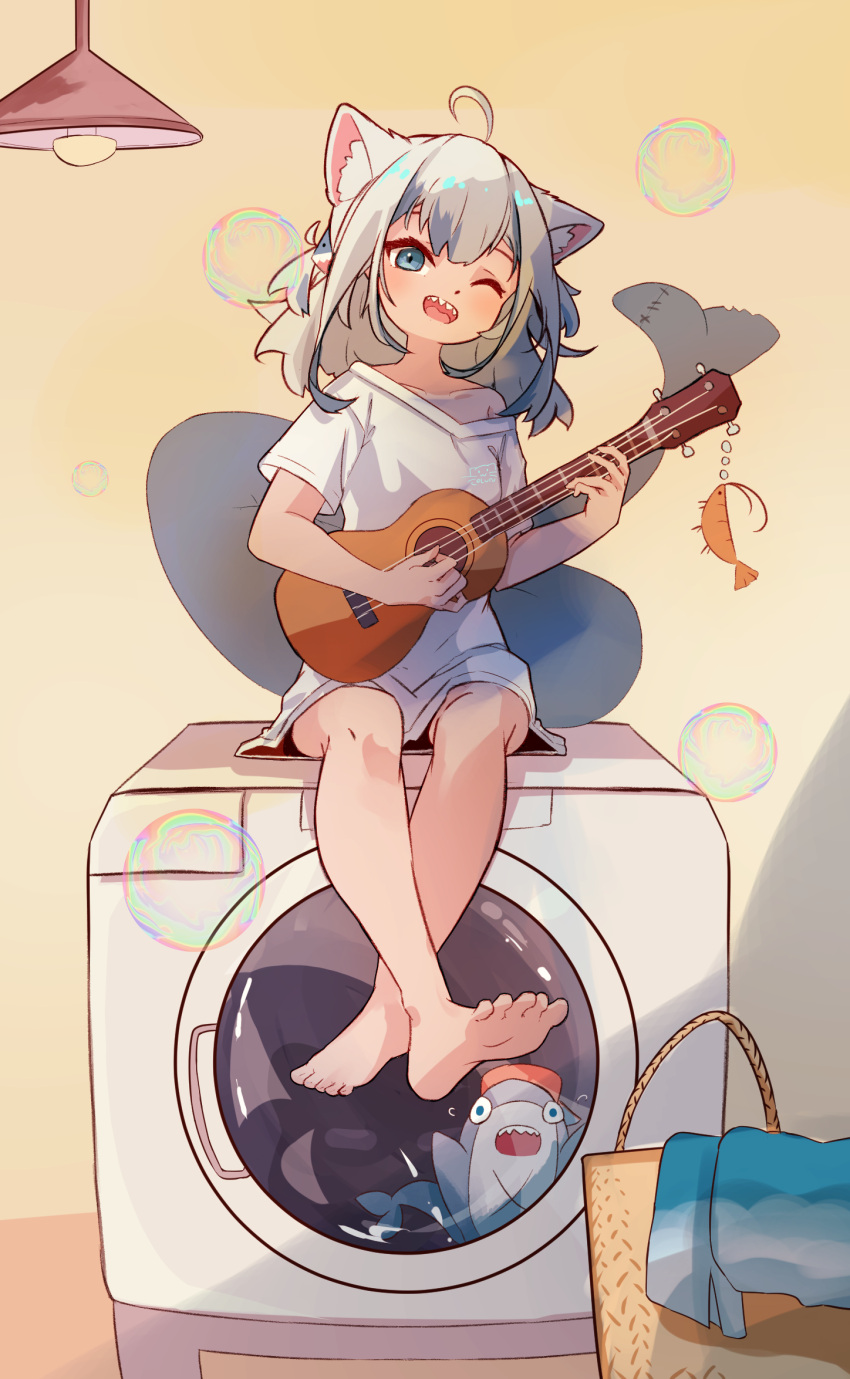 1girl, animal_ear_fluff, animal_ears, barefoot, bite_mark, bloop_(gawr_gura), blue_eyes, blue_hair