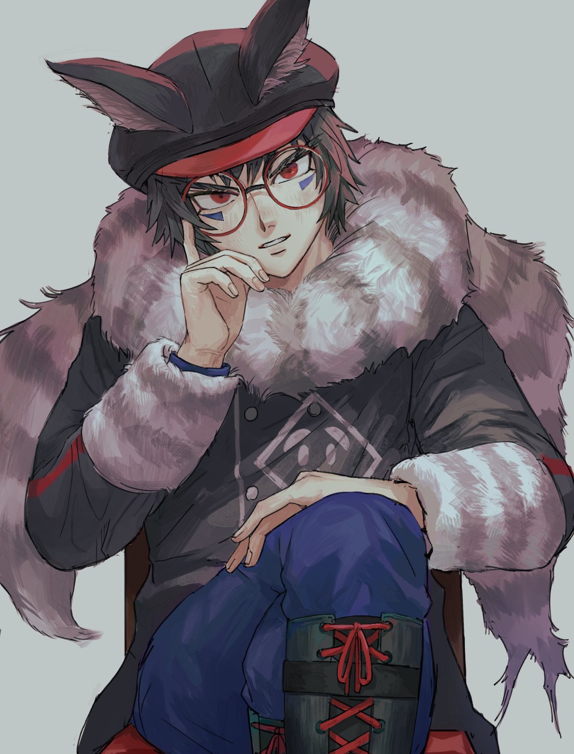 1boy, adjusting_eyewear, animal_ears, animal_hat, black_footwear, black_hair, black_headwear, black_jacket