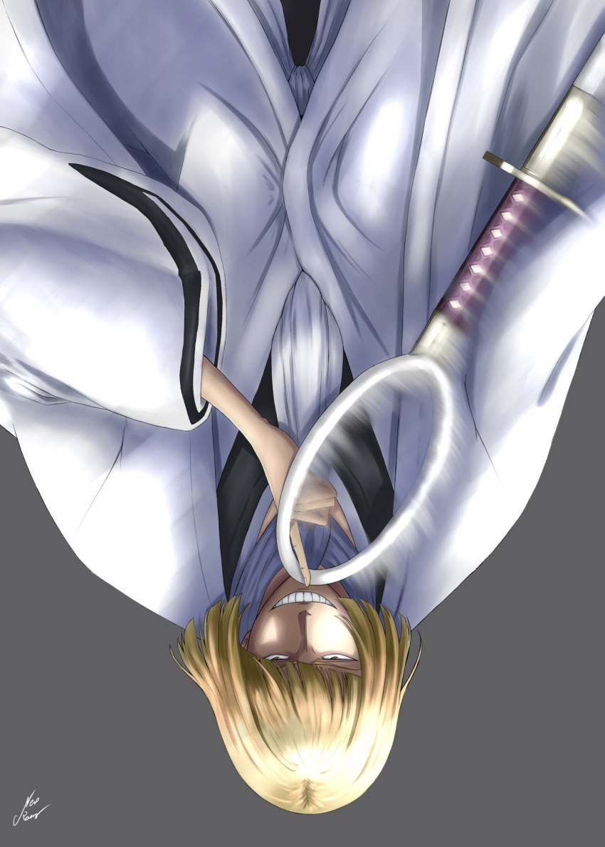 1boy, bleach, blonde_hair, blunt_bangs, bob_cut, brown_eyes, commentary, eyebrows_hidden_by_hair, grey_background, grin, hand_up, haori, highres, hirako_shinji, index_finger_raised, japanese_clothes, kimono, long_sleeves, looking_at_viewer, medium_hair, motion_lines, nemo3105, nose, sakanade_(shikai), signature, simple_background, smile, solo, straight-on, teeth, upside-down, v-shaped_eyebrows, white_kimono, wide_sleeves