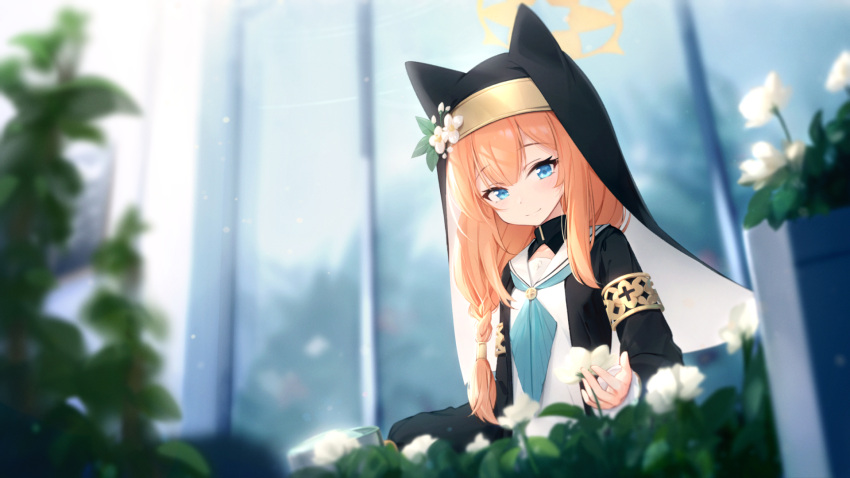 1girl, ai_floverse, animal_ear_headwear, blue_archive, blue_eyes, blue_neckerchief, blurry, braid