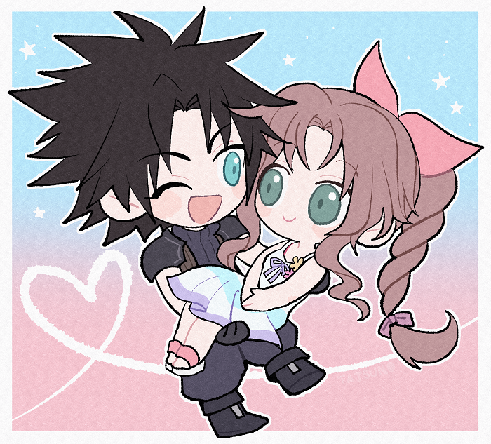 1boy, 1girl, aerith_gainsborough, armor, black_footwear, black_gloves, black_hair, black_pants