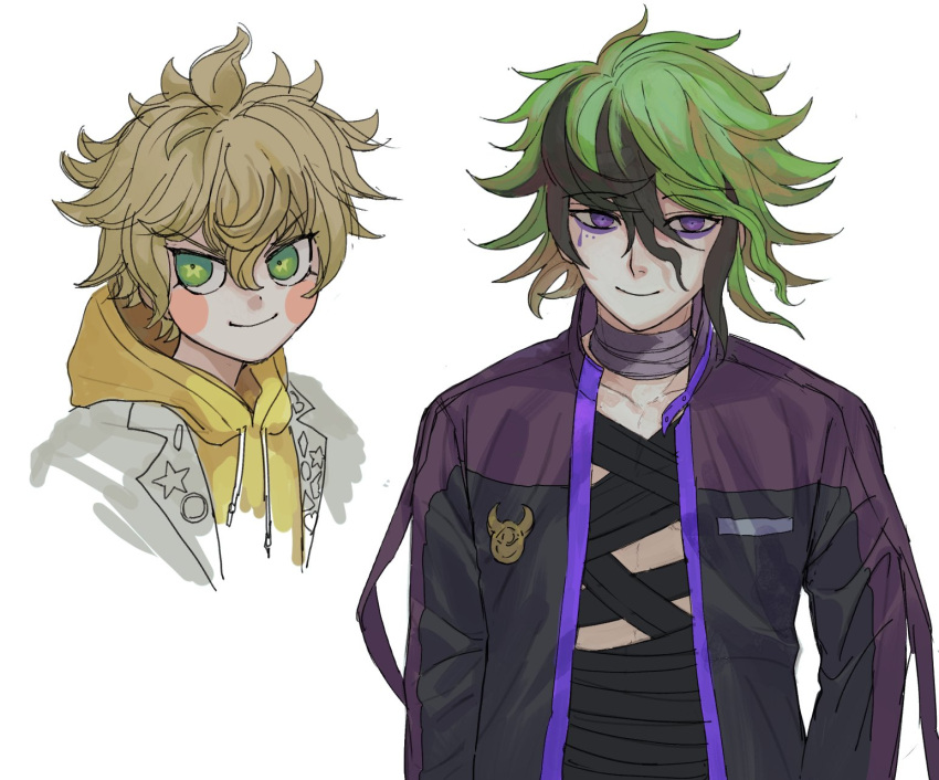 2boys, bandaged_chest, bandaged_neck, bandages, blonde_hair, closed_mouth, collarbone, commentary_request