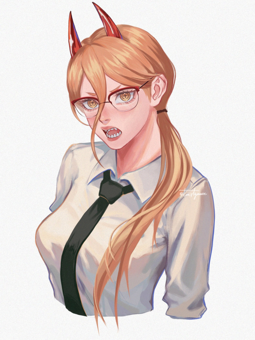 1girl, black_necktie, brown_hair, chainsaw_man, collared_shirt, cross-shaped_pupils, hair_between_eyes, hair_over_shoulder