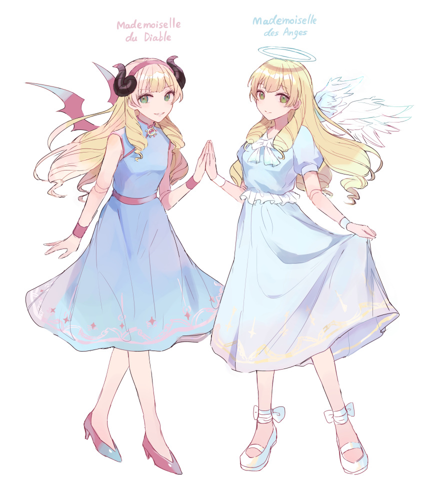 1girl, absurdres, angel_wings, bare_shoulders, blonde_hair, blue_dress, breasts, closed_mouth, commentary_request, demon_horns, demon_wings, dress, ensemble_stars!, feathered_wings, full_body, green_eyes, halo, highres, horns, long_hair, looking_at_viewer, mademoiselle_(ensemble_stars!), short_sleeves, sleeveless, two-tone_footwear, wednesday_108, white_background, white_footwear, white_wings, wings