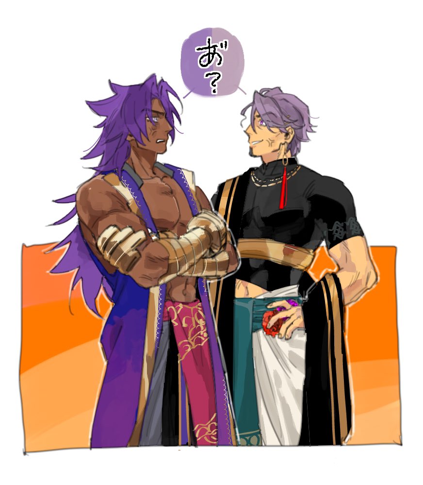 2boys, bare_pectorals, bhima_(fate), black_shirt, cowboy_shot, cropped_shirt, crossed_arms, dark-skinned_male
