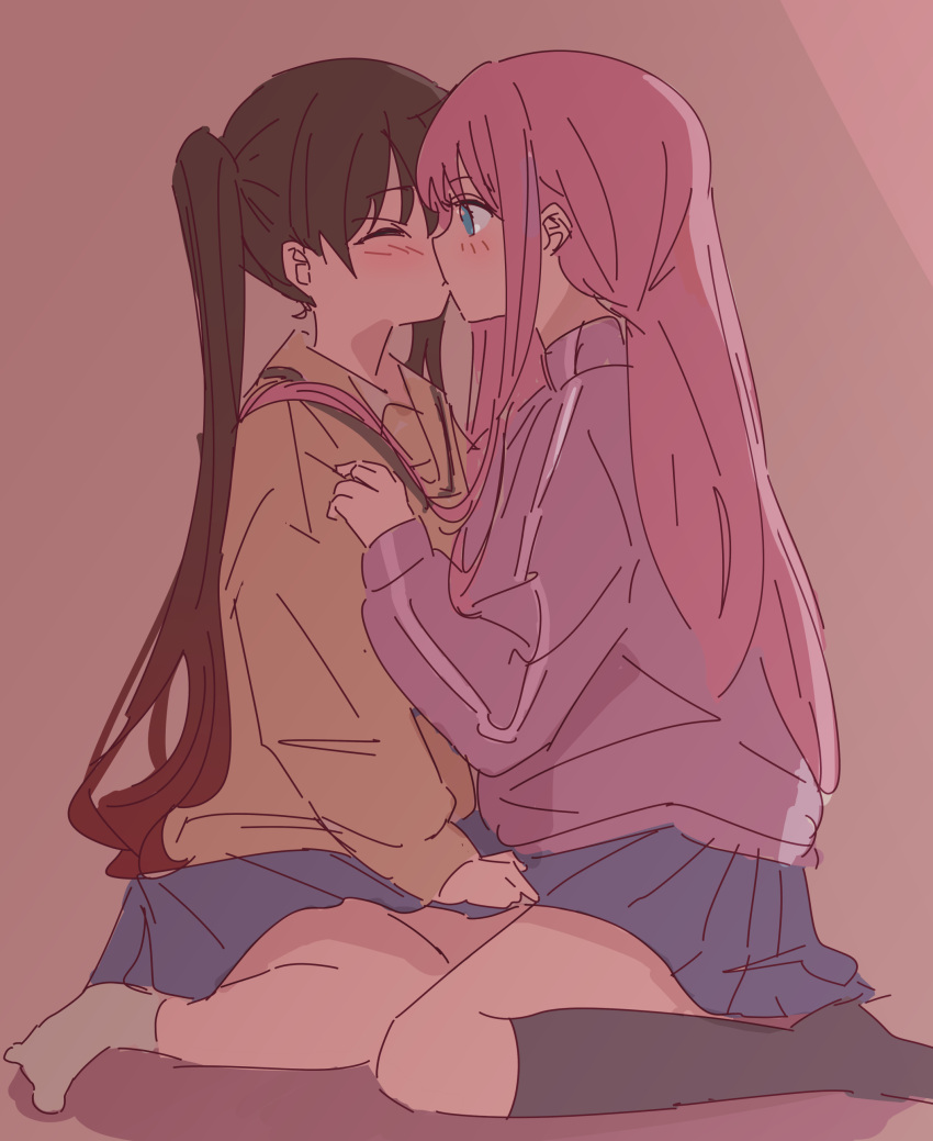 2girls, absurdres, black_socks, blue_eyes, blue_skirt, blush, bocchi_the_rock!, brown_hair