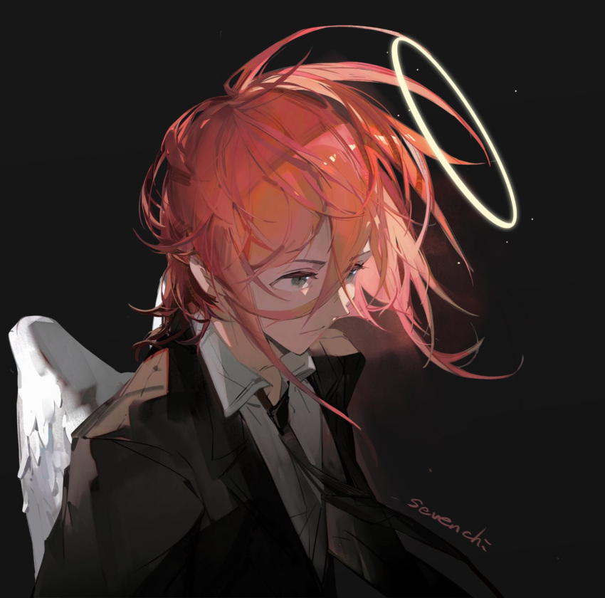 1boy, angel, angel_devil_(chainsaw_man), angel_wings, artist_name, black_jacket, black_necktie, blue_eyes
