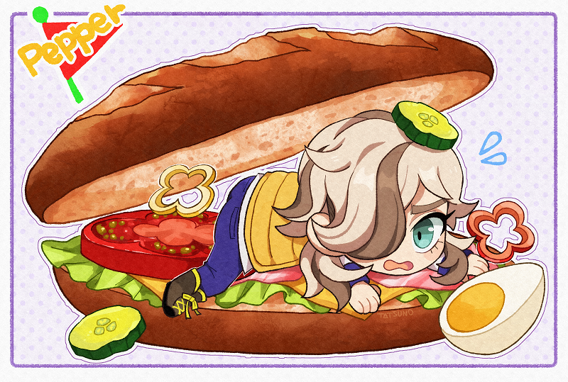 1boy, arven_(pokemon), blonde_hair, blue_eyes, blue_pants, boots, bread, brown_footwear