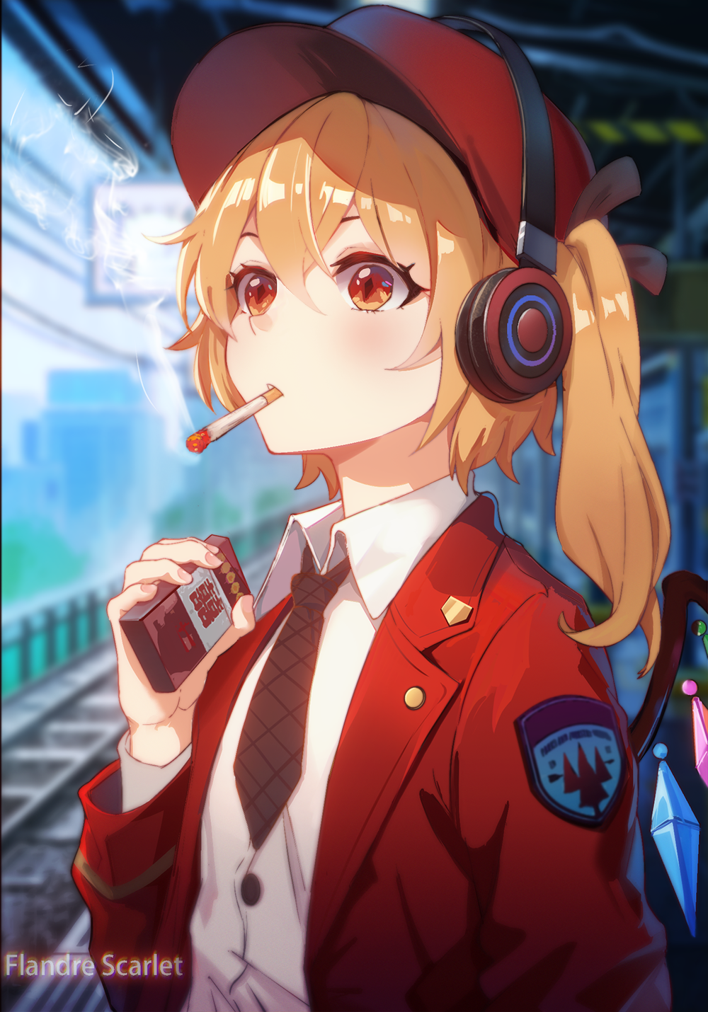 1girl, alternate_costume, black_necktie, blonde_hair, blush, cigarette, collared_shirt, commentary_request