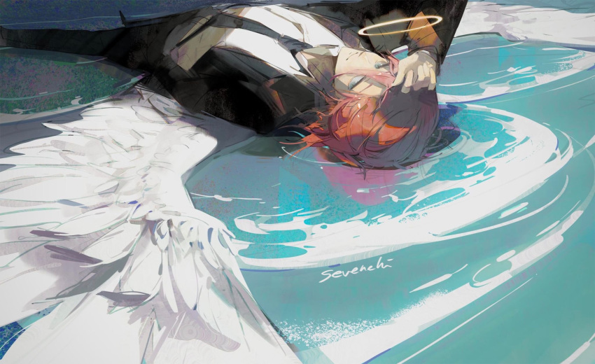 1boy, angel, angel_devil_(chainsaw_man), angel_wings, artist_name, black_jacket, black_necktie, black_pants