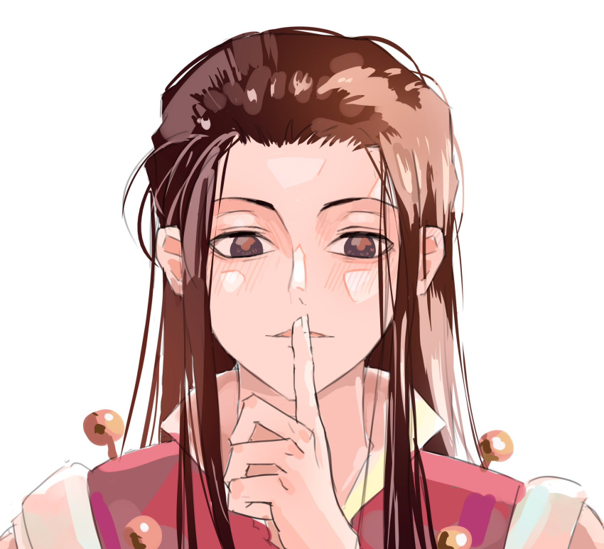 1boy, black_eyes, black_hair, haru3433, highres, hunter_x_hunter, illumi_zoldyck, long_hair, looking_at_viewer, male_focus, pin, simple_background, solo, upper_body, white_background