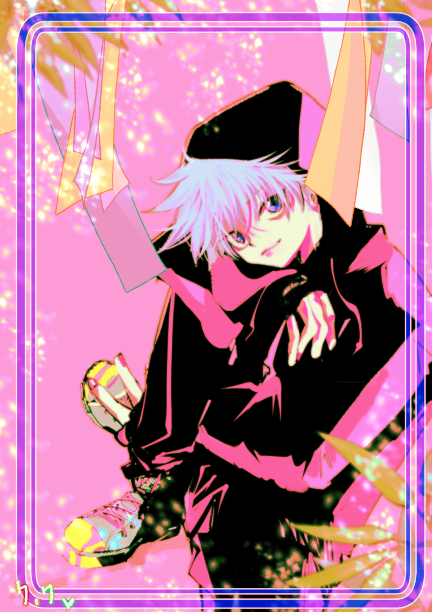1boy, black_hoodie, blue_eyes, ga_31kad, head_rest, highres, hood, hood_up