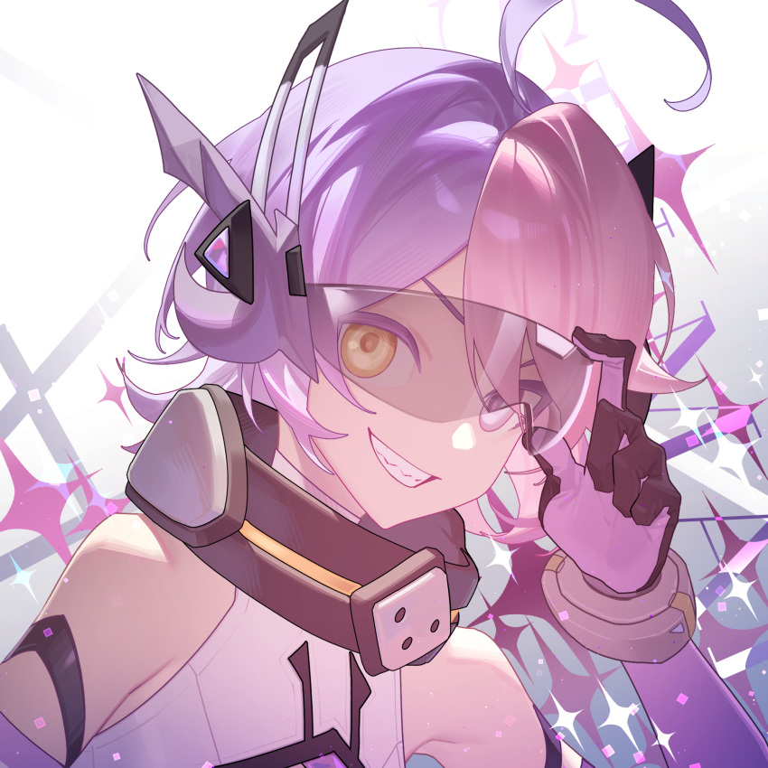 1girl, ahoge, androgynous, benghuai_xueyuan, detached_sleeves, gloves, goggles, grey_eyes