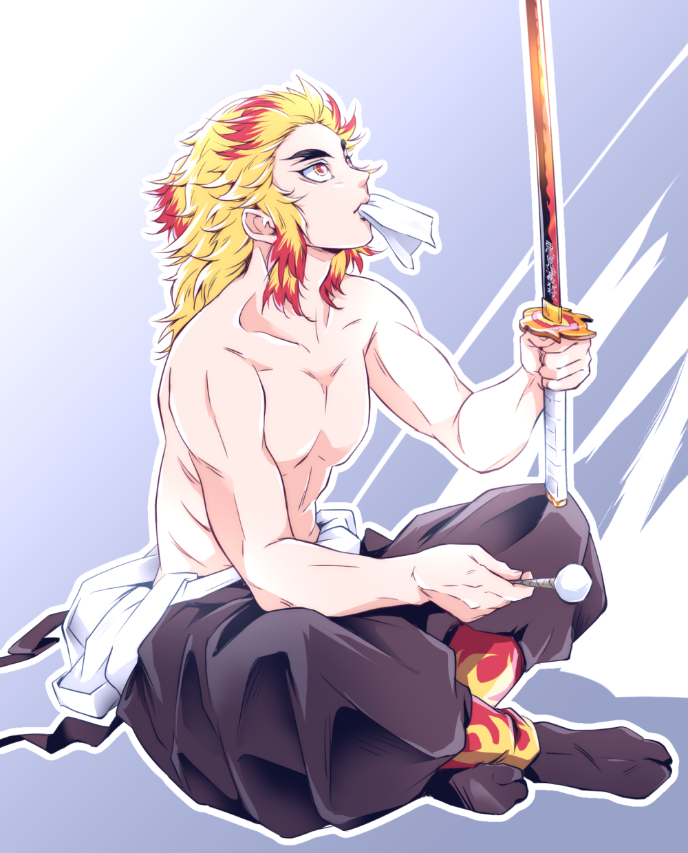 1boy, black_pants, blonde_hair, colored_tips, full_body, highres, holding, holding_sword