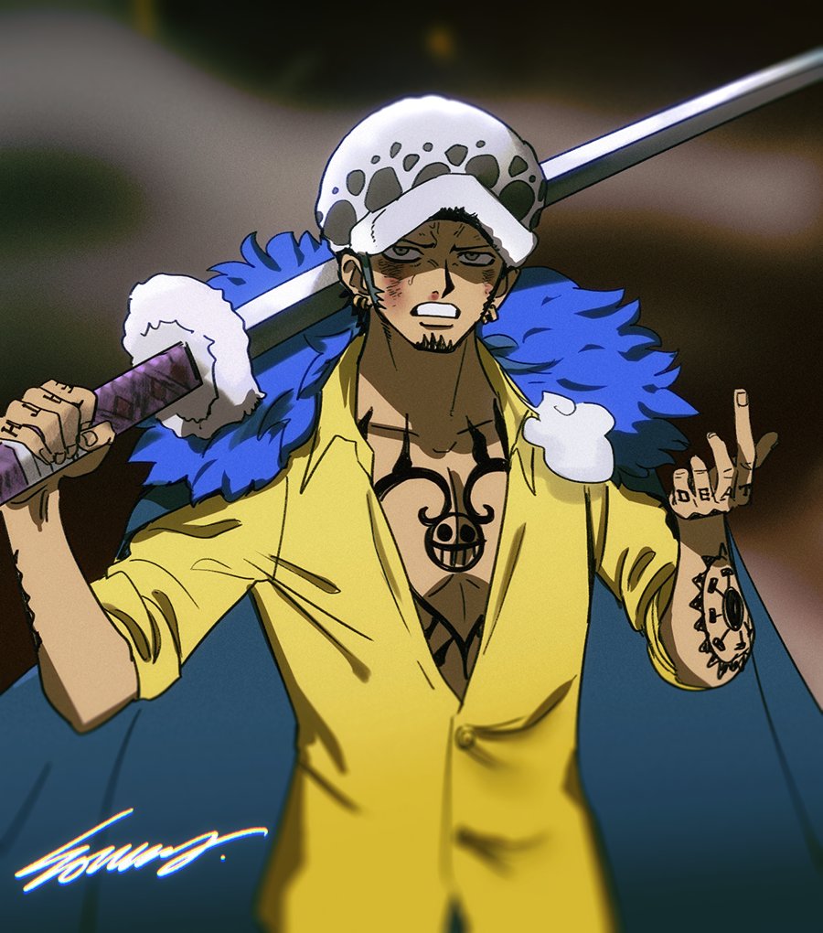 1boy, arm_tattoo, blue_hair, chest_tattoo, coat, coat_on_shoulders, earrings, facial_hair