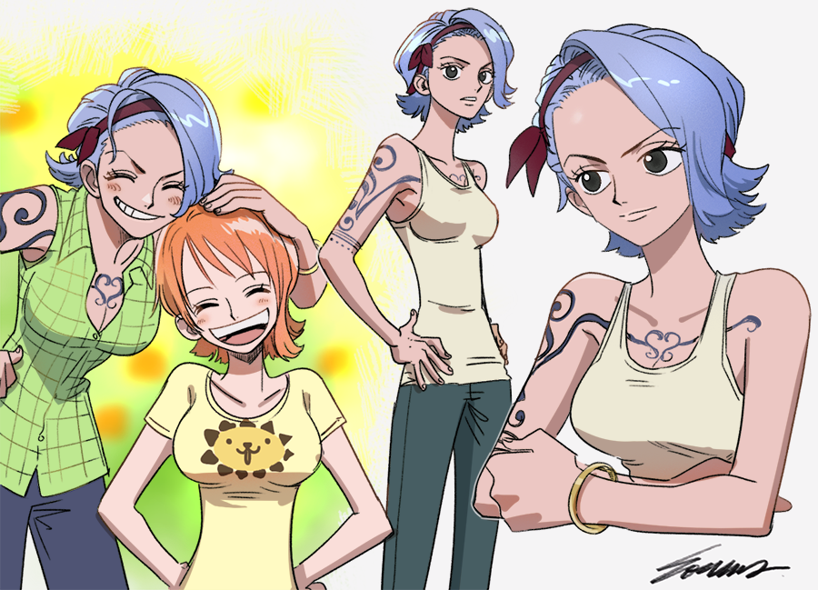 ^_^, blue_hair, bracelet, chest_tattoo, closed_eyes, denim, green_shirt, grin