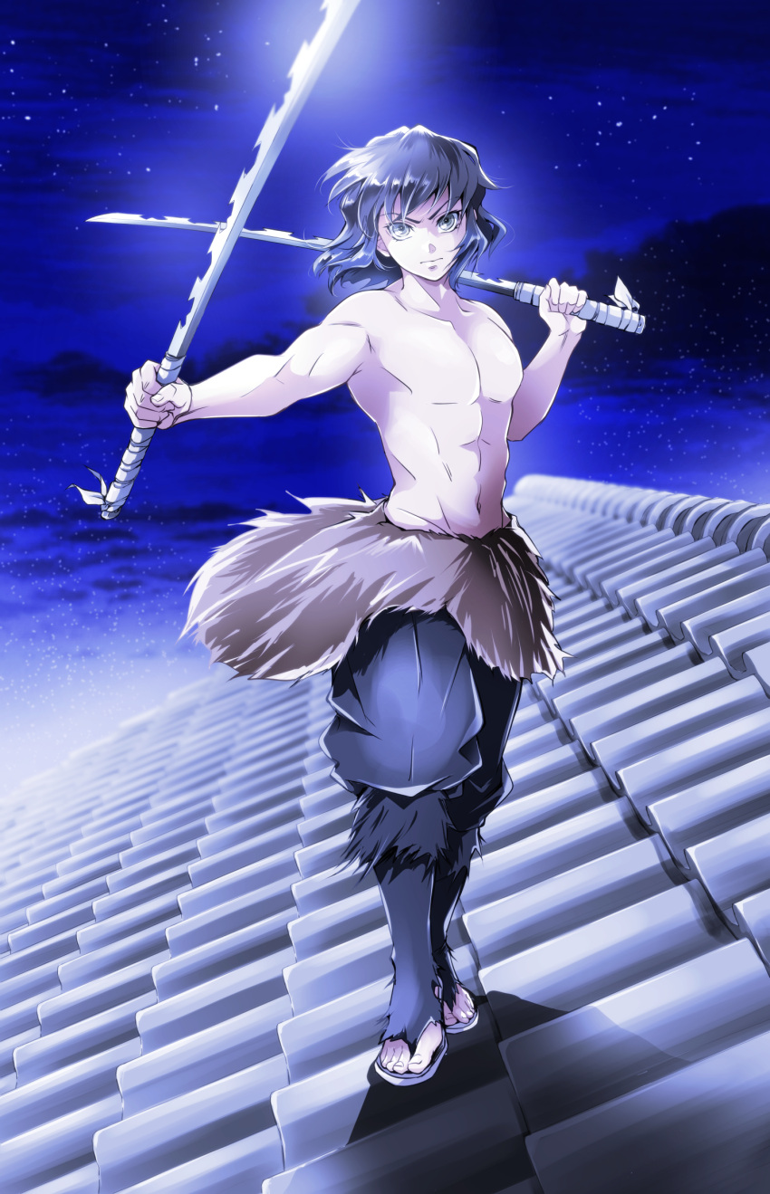 1boy, black_hair, black_pants, closed_mouth, dual_wielding, full_body, hashibira_inosuke, highres, holding, holding_weapon, kimetsu_no_yaiba, looking_at_viewer, male_focus, muscular, muscular_male, myukom, night, night_sky, on_roof, pants, short_hair, sky, solo, standing, star_(sky), topless_male, weapon