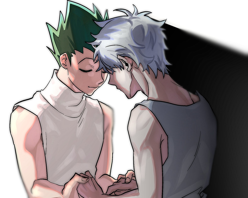 2boys, 7hwlfkf, aged_up, closed_eyes, gon_freecss, green_hair, heads_together, highres, holding_hands, hunter_x_hunter, killua_zoldyck, male_focus, multiple_boys, shadow, shirt, short_hair, simple_background, sleeveless, spiky_hair, turtleneck, white_background, white_hair, white_shirt