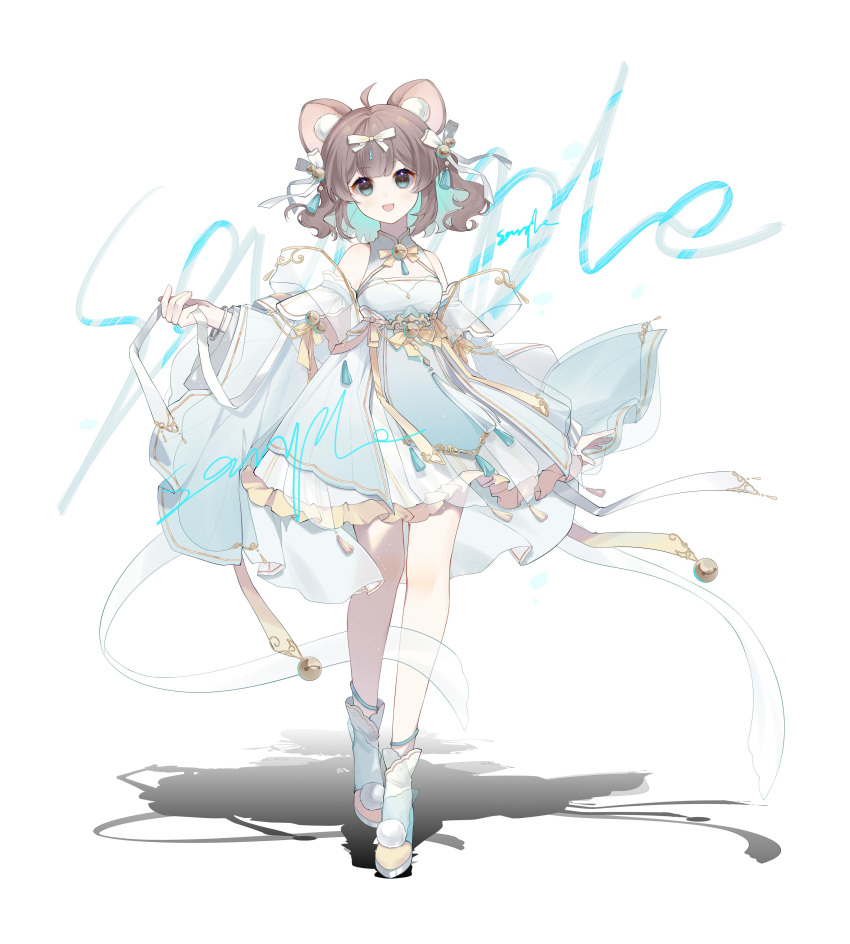 1girl, :d, absurdres, ahoge, animal_ears, anqing, aqua_dress, aqua_eyes